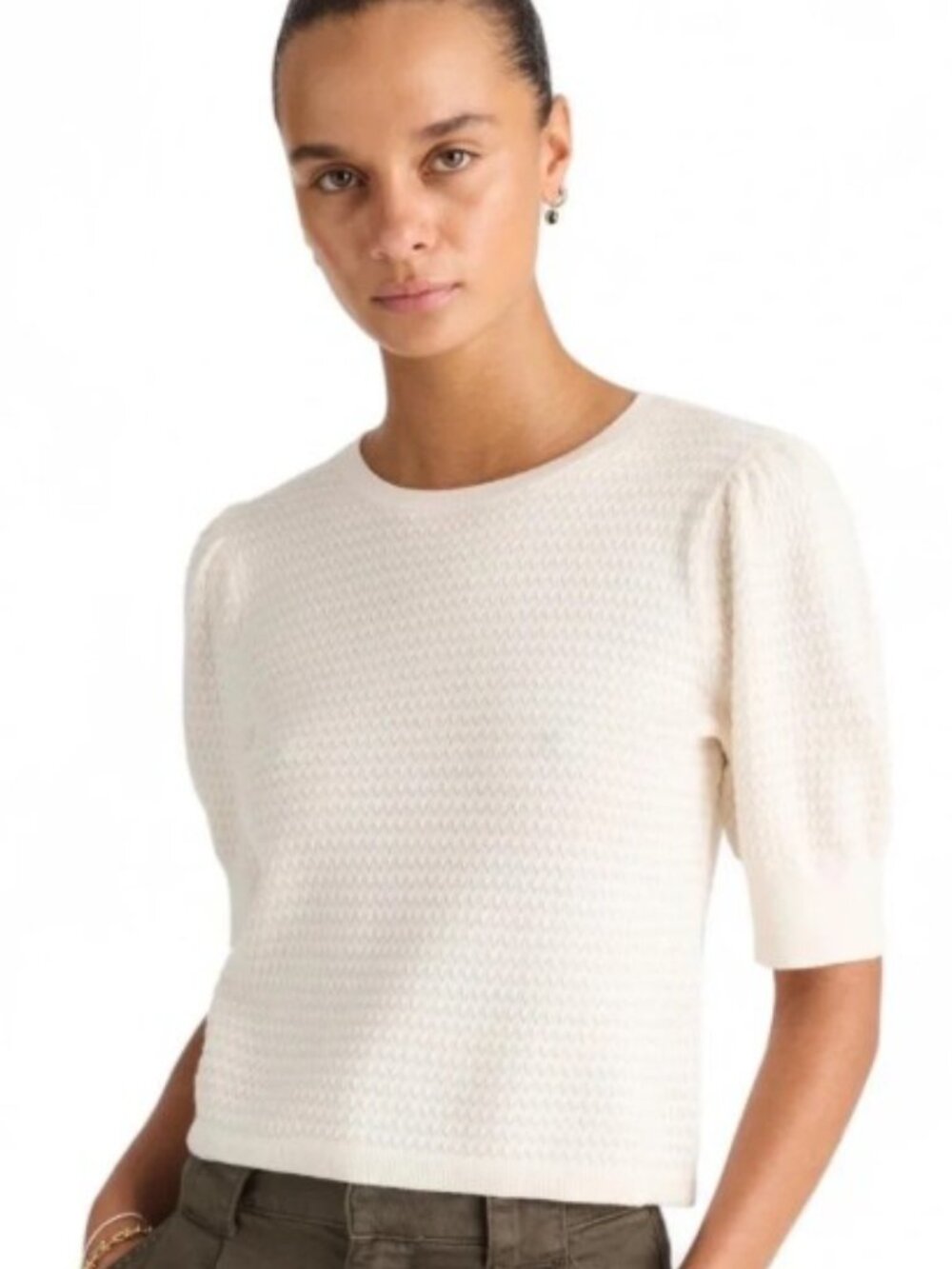 Madewell Ivory Cream Merino Wool Silk Blend Puff Sleeve Sweater Tee Crop Top XS